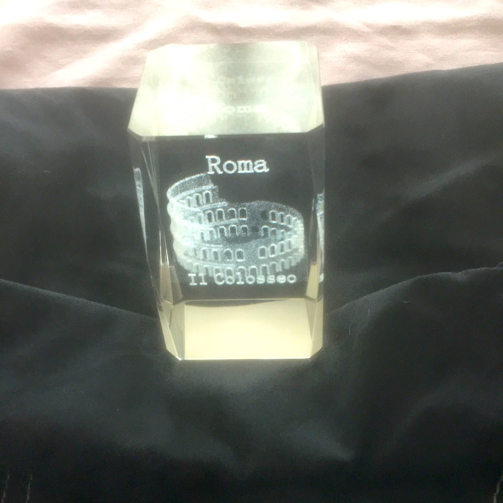 Crystal laser 3-D etched paperweight Coliseum in Rome souvenir.